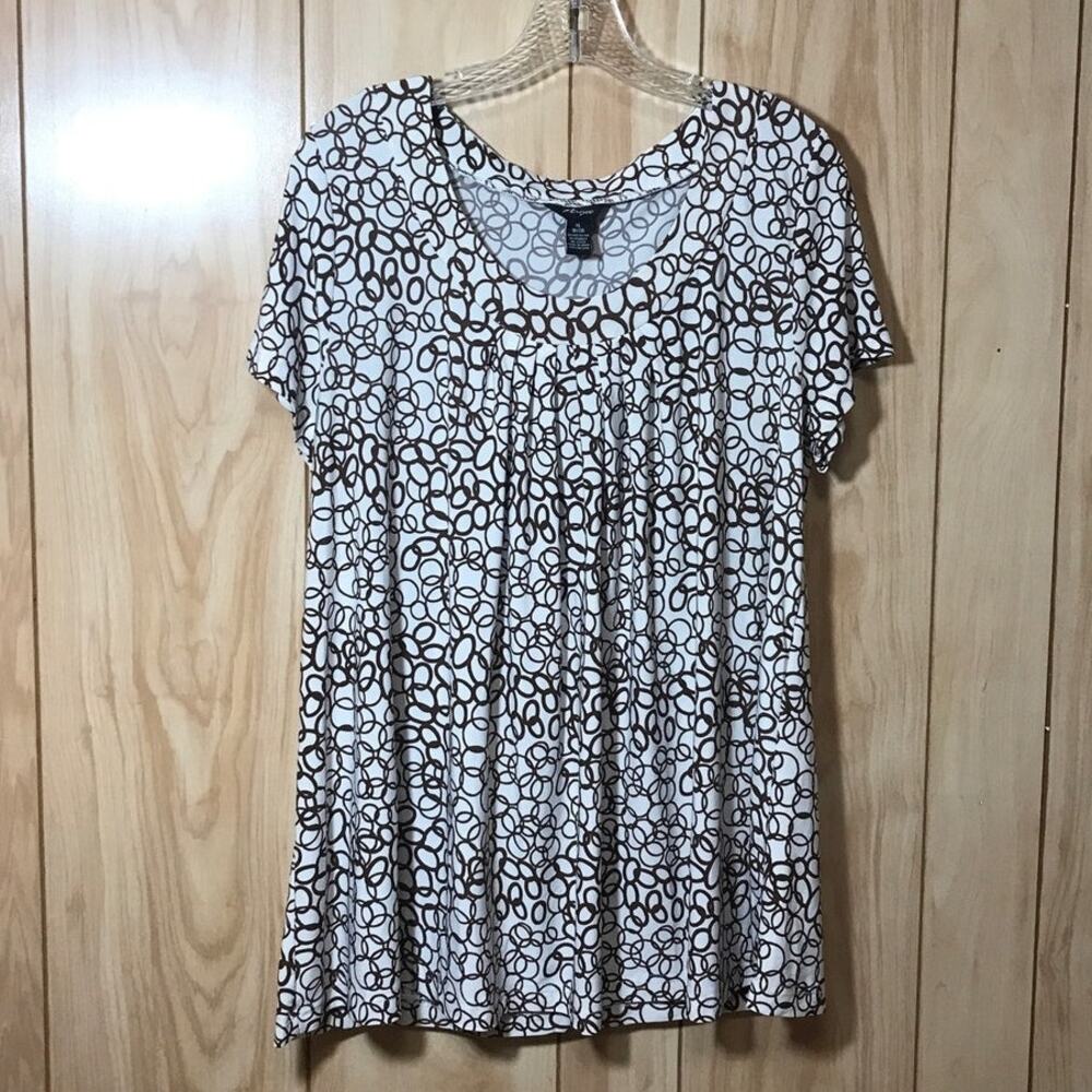 Argee Vintage White Links Pattern Pleated Scoop Neck Short Sleeve Top XL